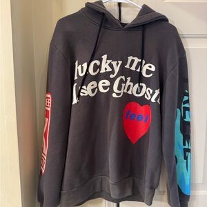 Gray 'Lucky Me I See Ghosts' Graphic Hoodie with Heart Detail Size Large kayne